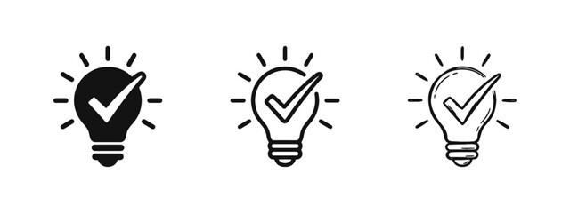 Creative Solution and Successful Idea Icons - Lightbulb with Checkmark Symbols for Innovation and Approval © drawing lines
