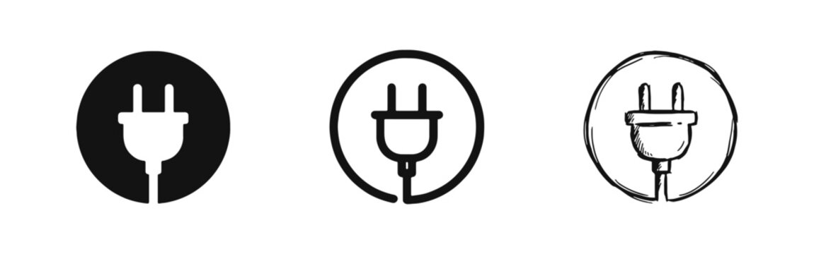 Electric Power Plug and Energy Icons - Connection and Electricity Symbols in Glyph, Circle, and Sketch Styles