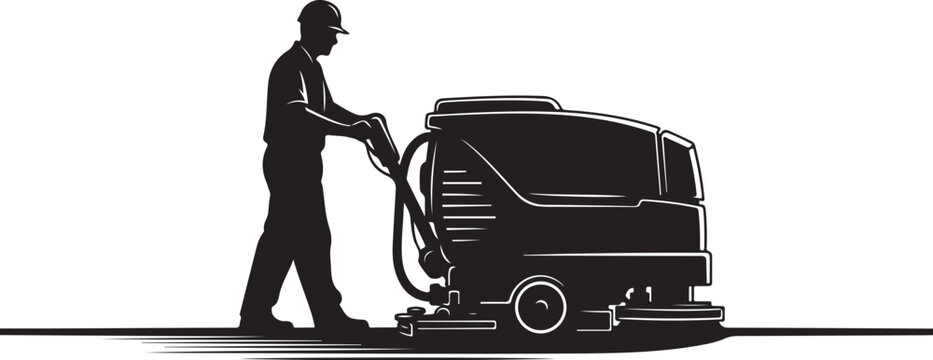 Man pushing floor cleaning machine worker cleaner janitor