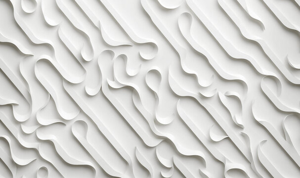 abstract white flowing geometric three dimensional ribbon wave shapes casting soft drop shadows over a clean light minimalistic bright plain surface