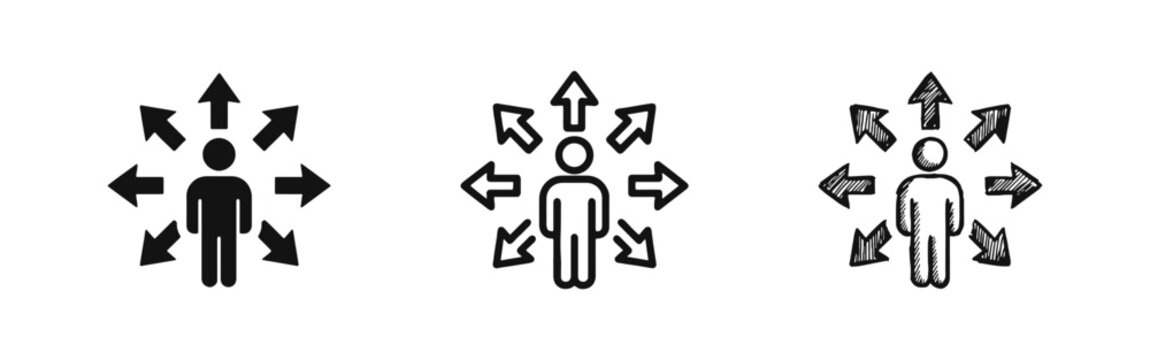 Person with many direction arrows icon set for choice and navigation