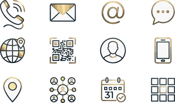 Elegant Business Communication Icon Set with Gold and Black Line Art Featuring Phone Envelope QR Code and Calendar Symbols for Premium Websites