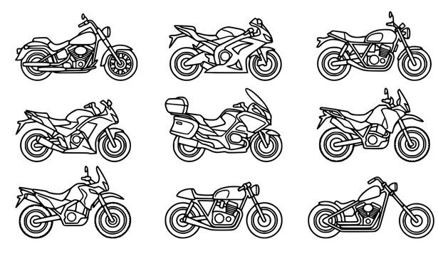 Minimalist black line art vector illustration set of various motorcycles, elegant clean designs including classic cruiser, sport racing bike, adventure touring motorcycle, chopper style, different ang