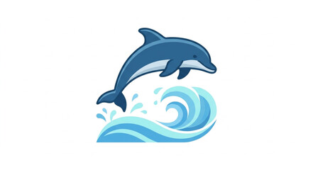 A blue dolphin jumps over a stylized wave illustration. © Gian