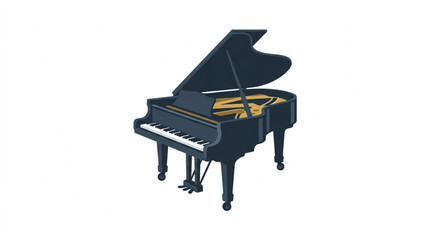 A black grand piano with its lid open on a white background. © Gian