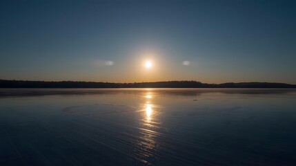 Obraz premium Frozen lake at twilight with sun low and centered, creating a circular halo and reflection