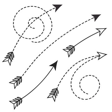 Minimalist graphic of dashed line paths showing circular and curved trajectories with feathers and arrowheads depicting precision and target hitting.