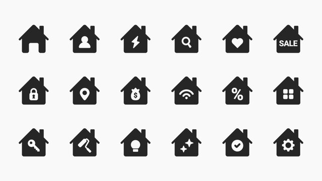 Real Estate, Smart Home, and Property Management Glyph Icon. This set covers a wide range of real estate and home-related concepts, including property search, mortgages and securit