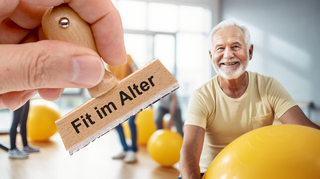 Ein Holzstempel ist beschriftet mit dem Aufdruck Fit im Alter &uuml;ber einem fiktiven Bild mit Senioren beim Sport - FOTOMONTAGE