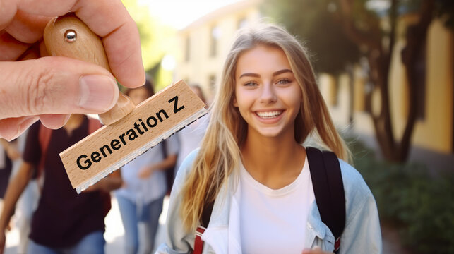 Ein Holzstempel ist beschriftet mit dem Aufdruck Generation Z &uuml;ber dem Bild eines Jugendlichen der Generation Z - FOTOMONTAGE