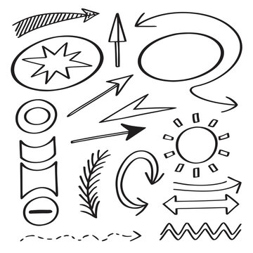Set of various hand drawn arrows and circular symbols in doodle style for emphasizing text or directing attention isolated on white vector paper.