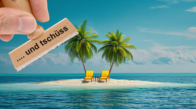 Ein Holzstempel ist beschriftet mit dem Aufdruck: .... und tsch&uuml;ss &uuml;ber dem Bild einer einsamen Karibik-Insel mit Palmen und Liegest&uuml;hlen am Sandstrand &ndash; FOTOMONTAGE