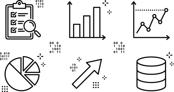 Data analytics and business statistics line icon set with charts graphs database clipboard binary code and growth arrow