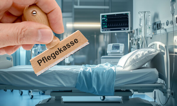 Vor einem fiktiven und k&uuml;nstlichem Bild eines Krankenzimmers wird ein Holzstempel gehalten mit der Aufschrift Pflegekasse - FOTOMONTAGE