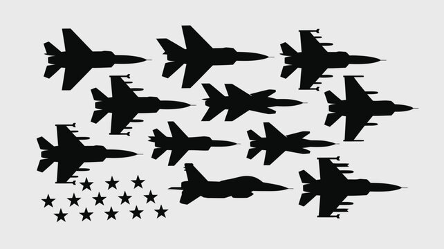 Group of fighter jet airplanes in silhouette flying in formation with stars.