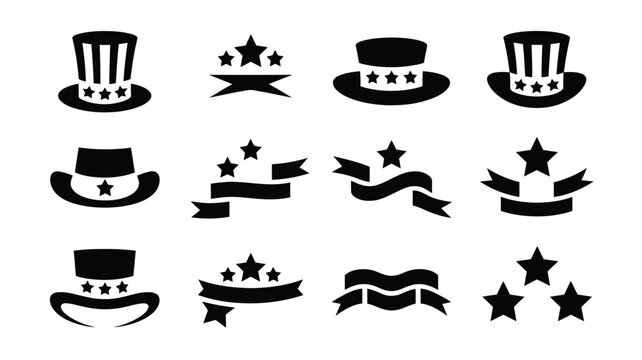 Set of Uncle Sam hats, stars and ribbons for patriotic design.