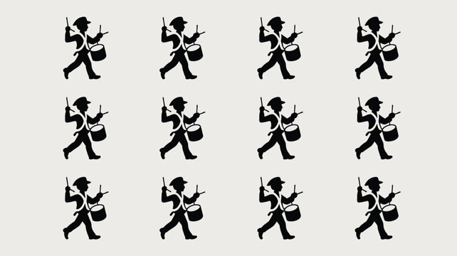 Set of marching band drummer silhouettes walking and playing music in military uniform art.
