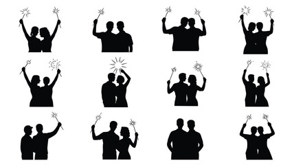 Obraz premium Couples celebrating with sparklers silhouette set outdoor.