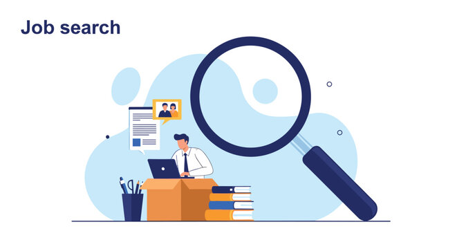 Job search concept illustration with a man working at a desk seen through a large blue magnifying glass icon on white.