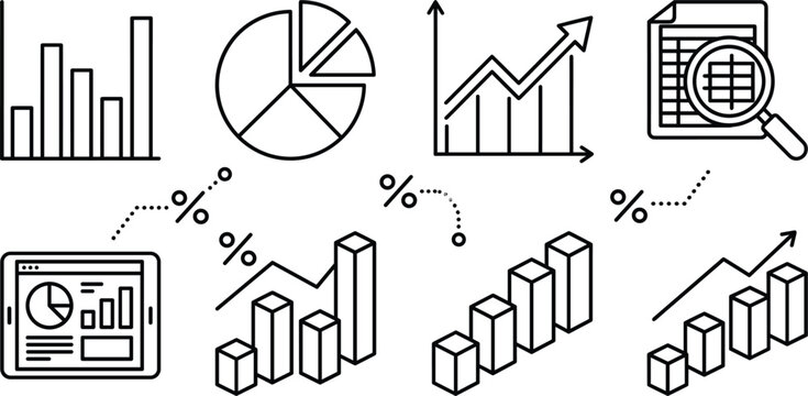 Financial data analysis and business growth line icon set with infographical charts spreadsheets percentage symbols and digital dashboard
