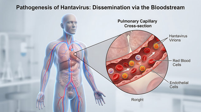 Medical illustration of Hantavirus dissemination in the human body, depicting viral particles, red blood cells, and endothelial cells within a pulmonary capillary cross-section