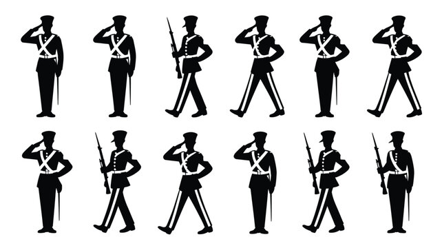 Soldiers in uniform saluting and marching illustrations.