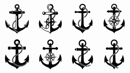 Set of nautical anchors with rope and compass in black silhouette. © Shela
