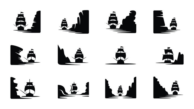 Set of pirate ship silhouettes sailing among rocks. nautical adventure concept.