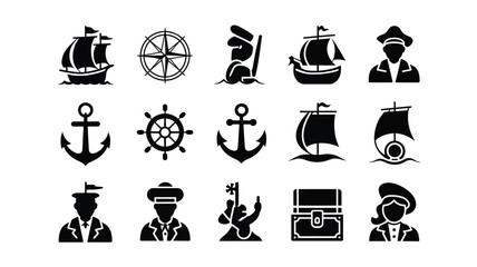Maritime nautical adventure icon set featuring ships anchors compass and pirate characters. © Shela