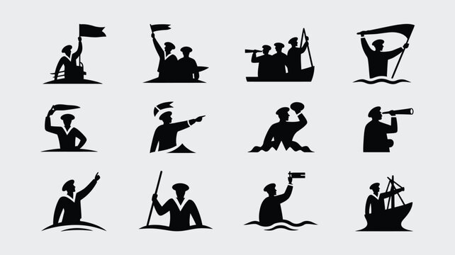 Silhouettes of sailors and naval officers in various poses and actions on grey background.