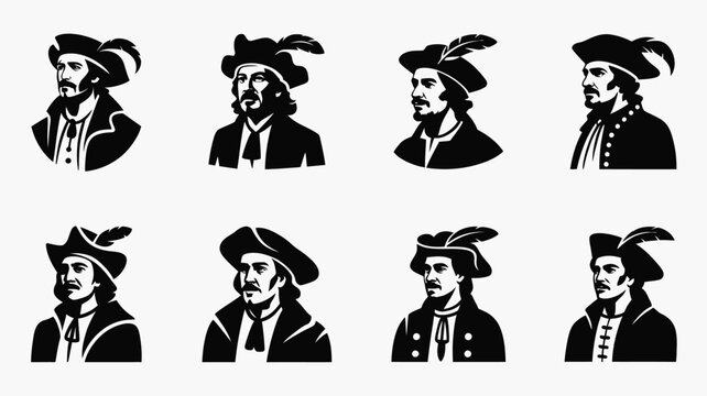 Vintage pirate captain portraits with feathered hats and historical costumes in black white.