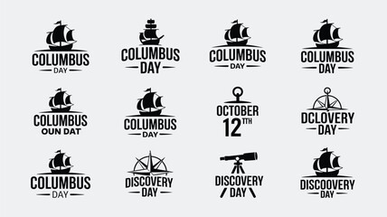 Columbus day holiday badges featuring sailing ships and navigational tools for celebration. © Shela