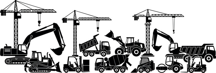 Heavy Construction Vehicles and Machinery Silhouette Set Featuring Cranes Excavators Dump Trucks Cement Mixer and Bulldozer Vector Icons © MdMonirul