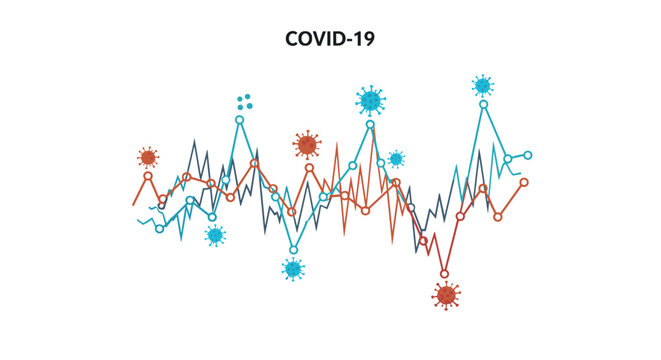 Multi-colored line graph showing trends and fluctuations related to the COVID-19 pandemic with virus particles illustrating the data.