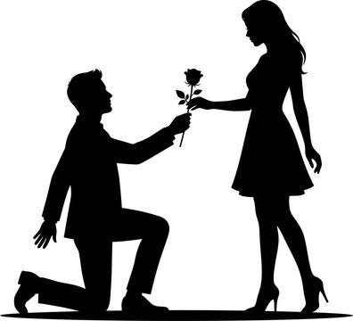 Romantic silhouette of a man proposing to a woman with rose, love story