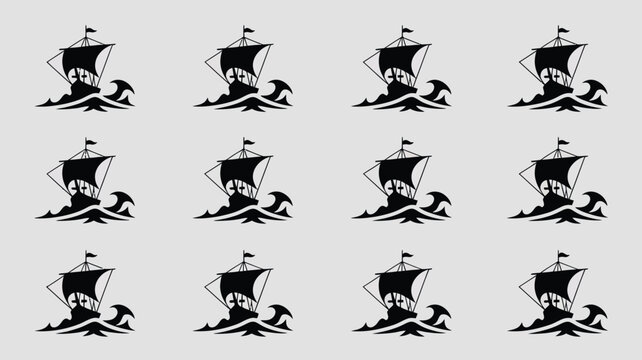 Vintage sailing ship icons set on waves for nautical design and maritime exploration theme.