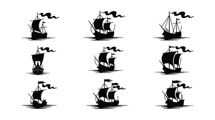 Collection of vintage sailing ships on water with flags and sails, maritime theme. © Shela
