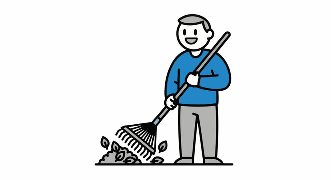 Cartoon man raking fallen leaves in yard work scene.