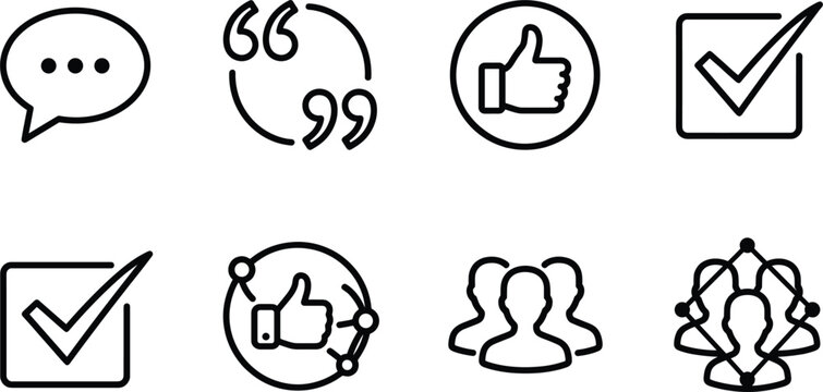 Customer feedback and social proof line icon set with speech bubble quotation marks thumbs up checkmark and network