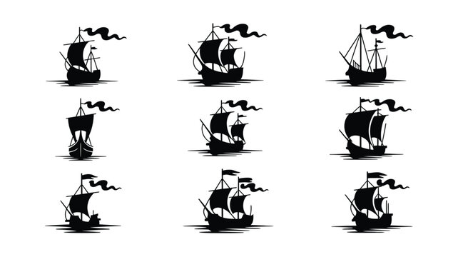 Collection of vintage sailing ships on water with flags and sails, maritime theme.