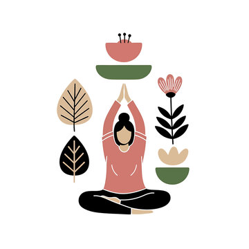 Woman doing yoga with flowers plants.
