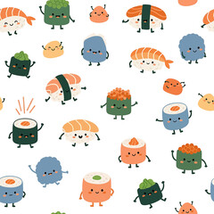 Cute sushi cartoon characters standing. © Rohimah