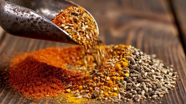 Assortment of Spices Poured from a Scoop onto a Wooden Surface.