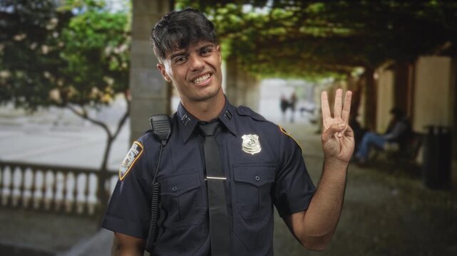 Man police officer in uniform holds up three fingers beside visible badge and radio on a tree-lined covered street walkway with bench and balustrade; confidence.