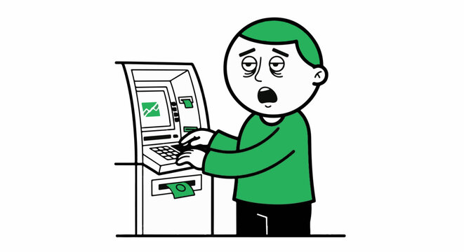 Frustrated man using an automated teller machine.