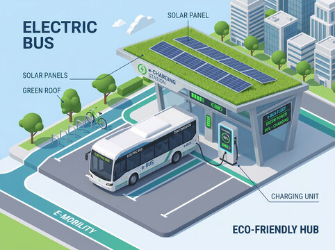 Sustainable E-Mobility Concept with Electric Bus at Solar Powered Charging Station 3D Isometric Urban Infrastructure
