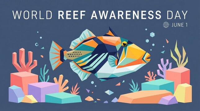 Geometric low poly style vector art of a tropical triggerfish with abstract coral background for World Reef Awareness Day June 1