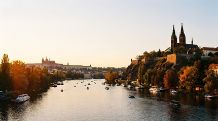 Naklejka premium Scenic river view with historic cathedral and boats during sunset hours
