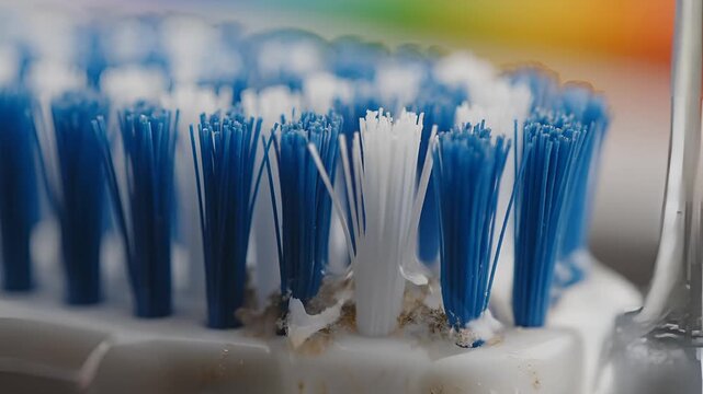 Close up macro shot of a blue and white toothbrush bristles.