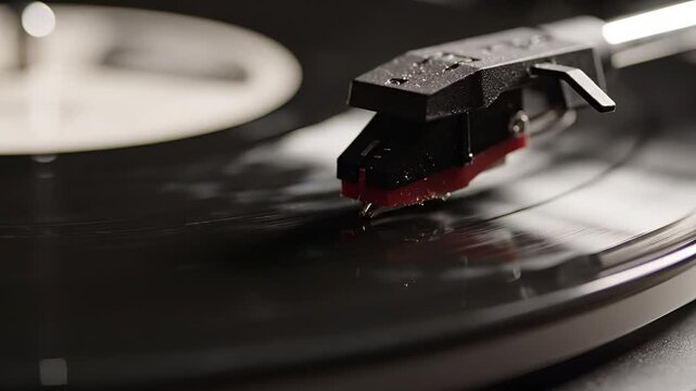 Close up of a vintage record player needle on a spinning vinyl disc.